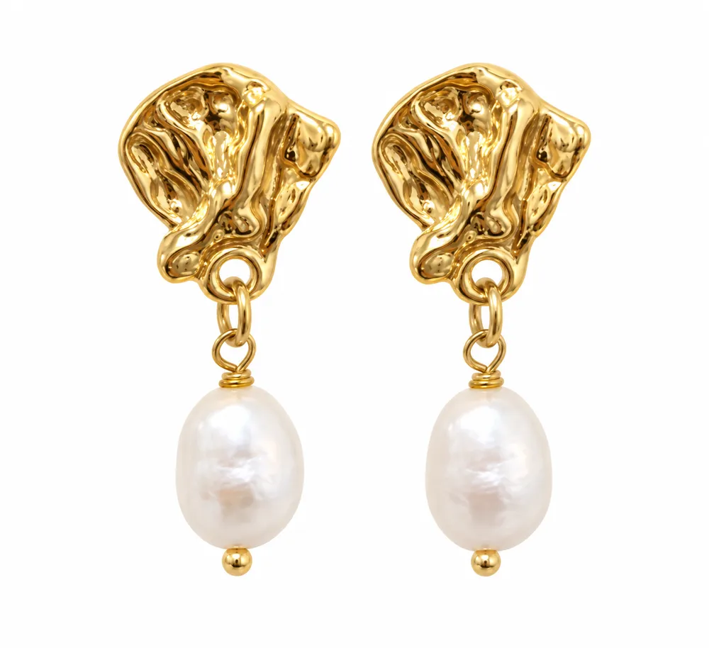 316L Stainless Steel Organic Freshwater Pearl Drop Earrings | 18K PVD Gold OEM Jewelry Manufacturer
