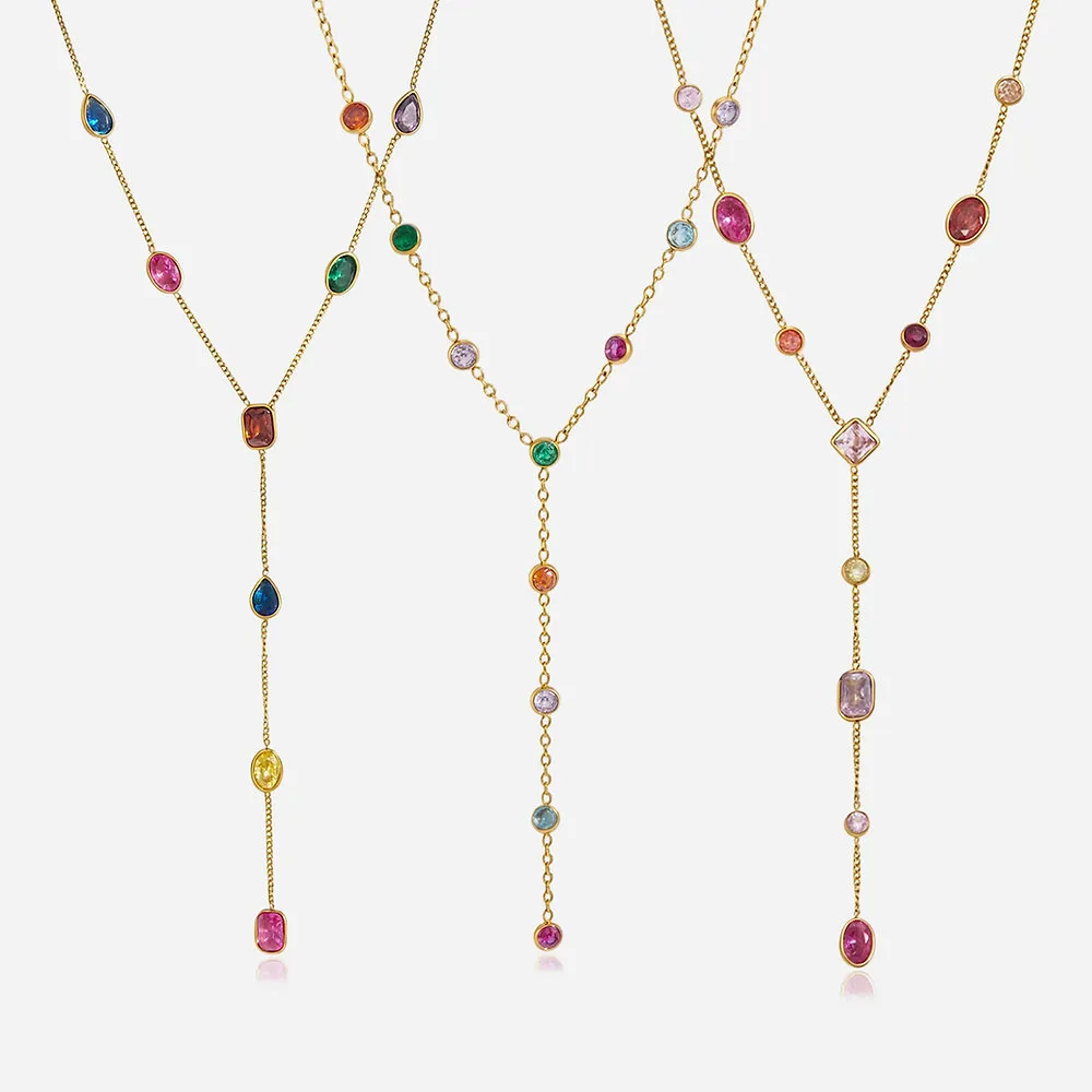 316L Stainless Steel Rainbow Zircon Lariat Necklace | 18K PVD Gold OEM