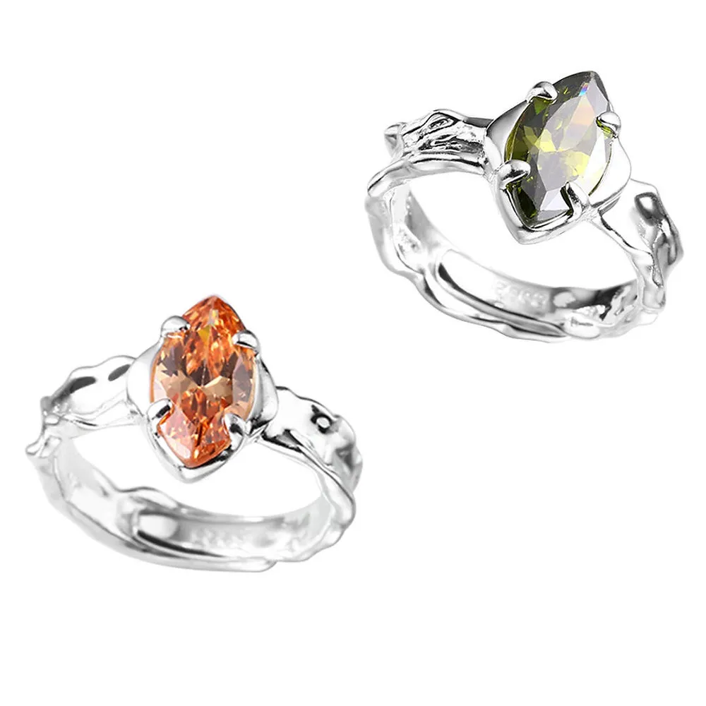 Olive Green Zircon Ring with Unique Irregular Shape, Minimalist Cold Tone Aesthe