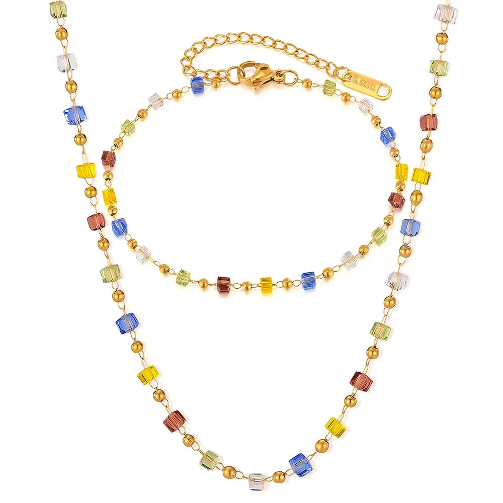 Dopamine-Inspired Colorful Beaded Necklace & Bracelet Set – Stainless Steel