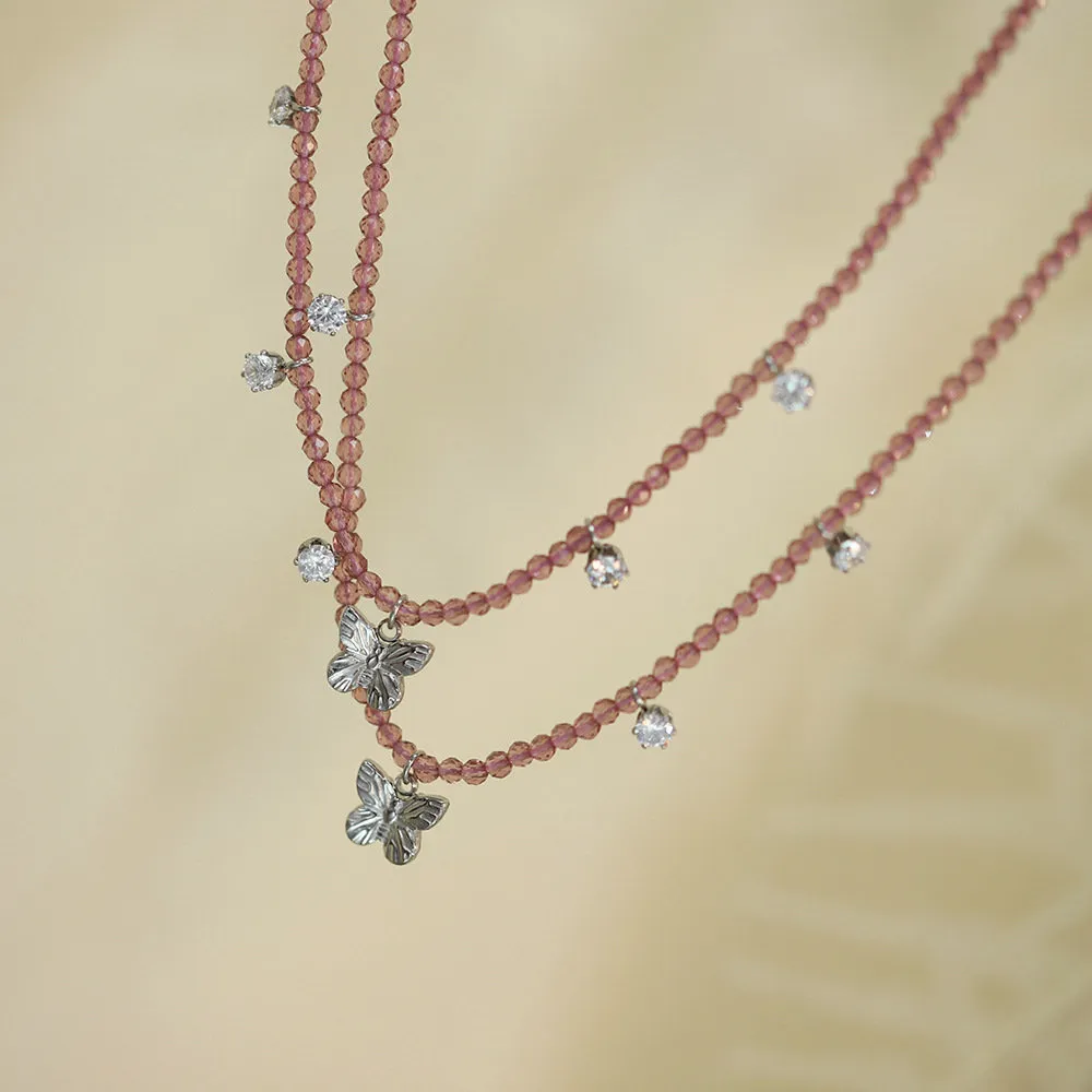 Rose purple bead butterfly necklace