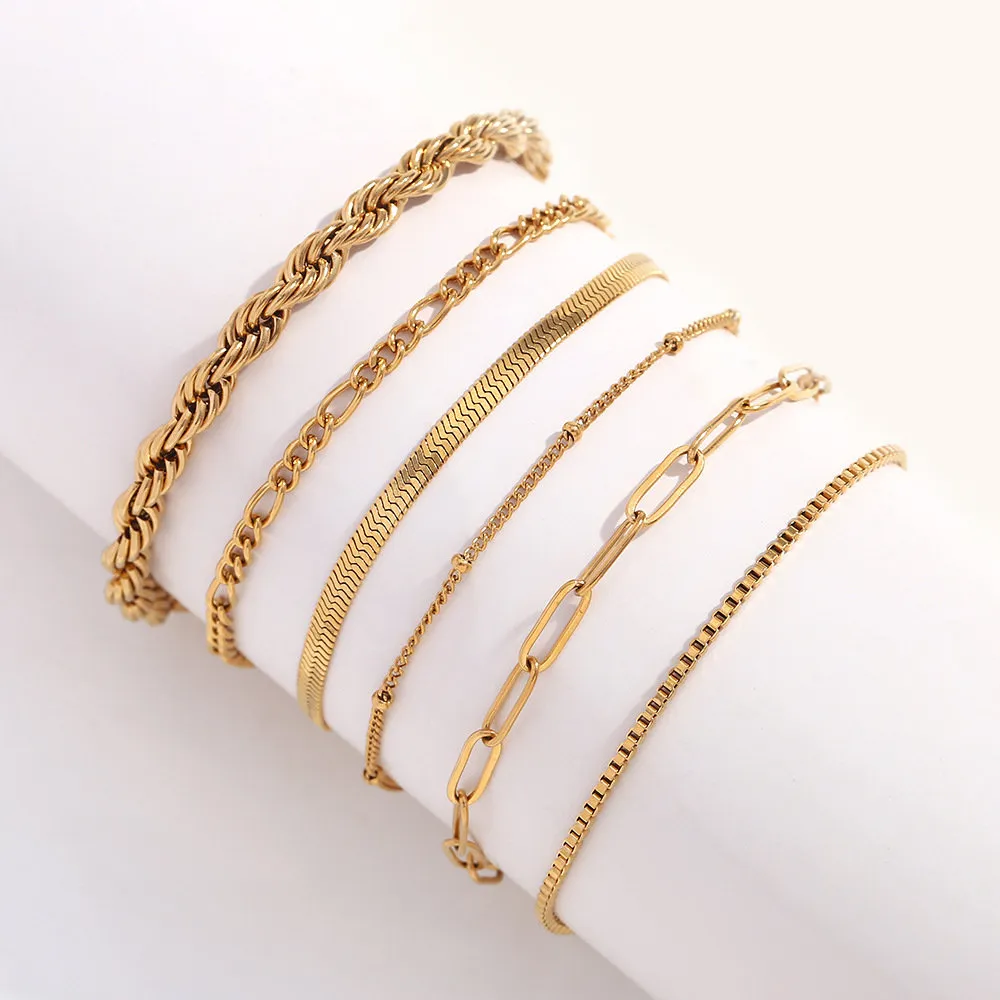 Chic 18K Gold Plated Stainless Steel Bead Box & Paperclip Figaro Chain Bracelet