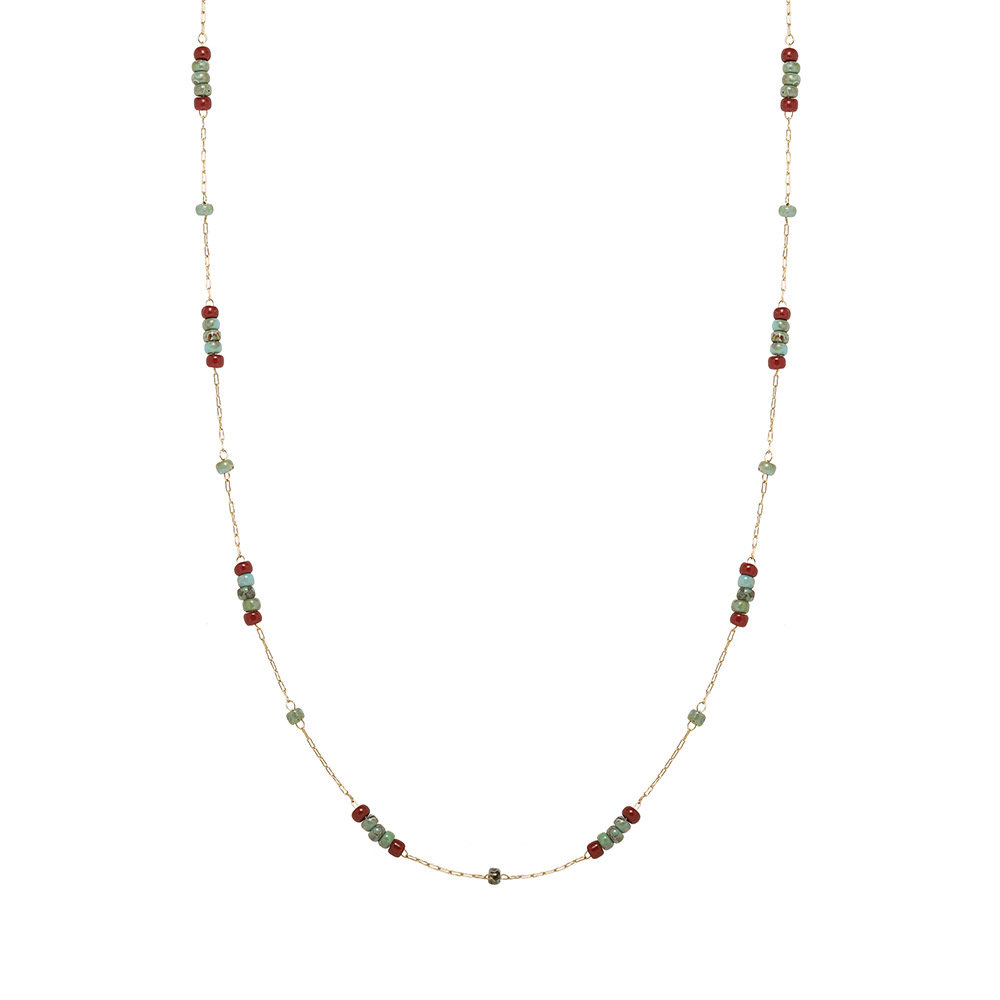 Vintage-Style Turquoise Pattern & Red Glass Bead Necklace – Stainless Steel