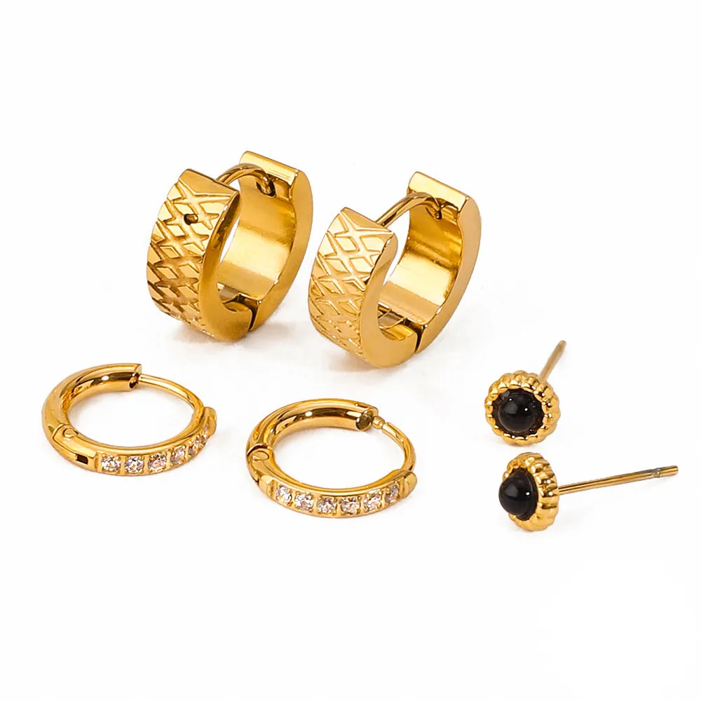 Black agate earrings texture hoop cz hoop stack earrings of 3 pairs