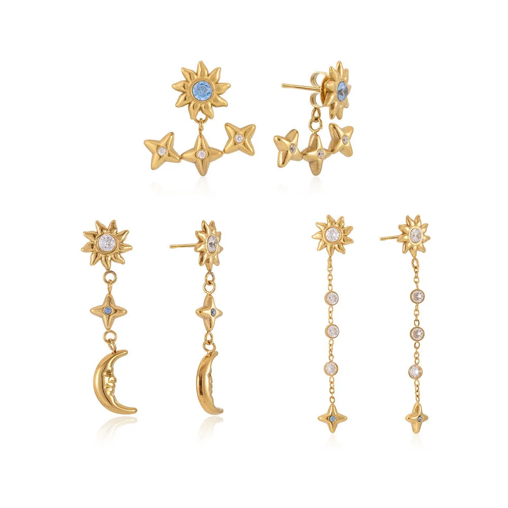 316L Stainless Steel Zircon Tassel Stud Earrings Moon Sun Earrings | OEM Jewelry