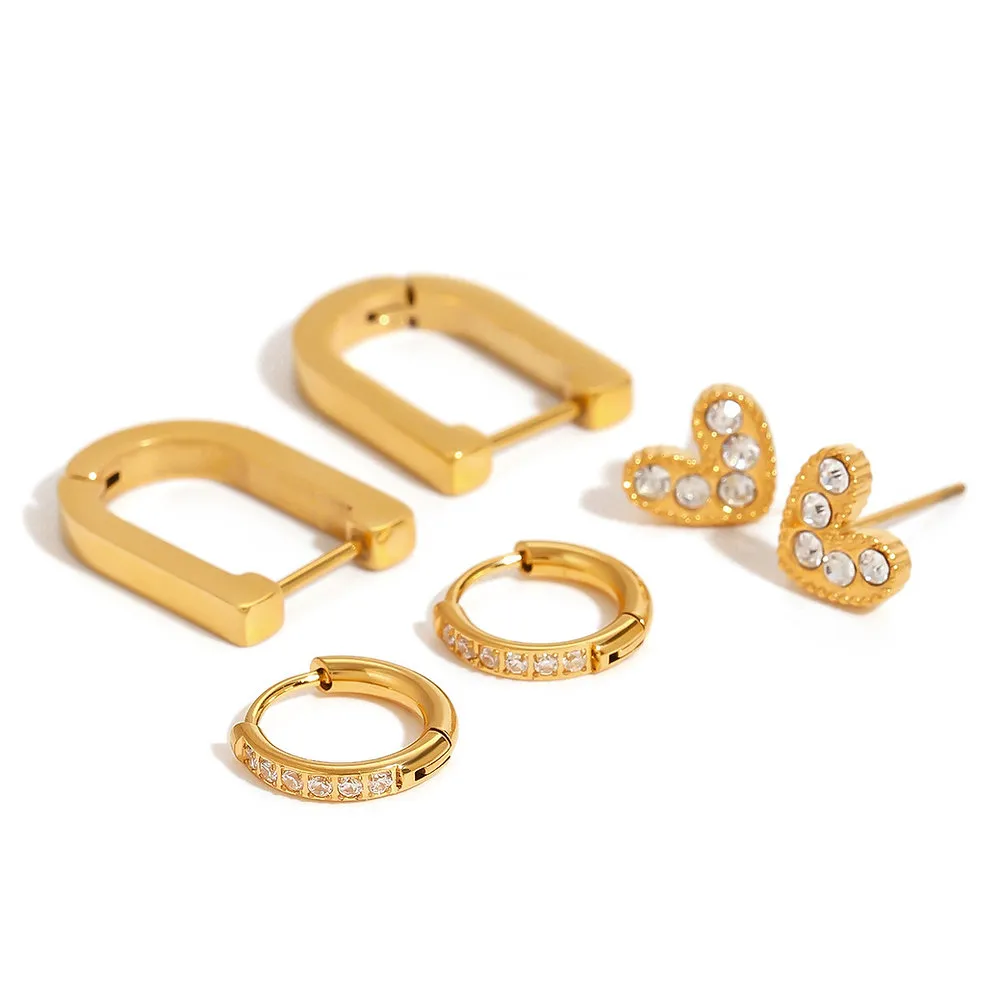 mini shiny heart stud class shiny hoop rectagular hoop stack earrings of 3 pairs