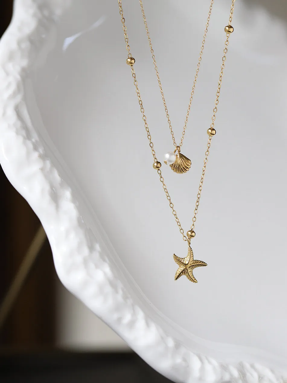 Sea shell and sea star double layer necklace