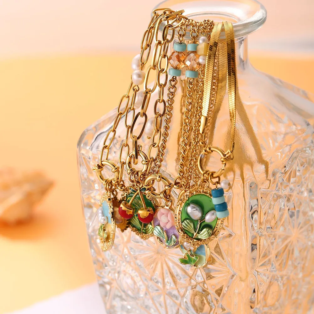 Oil Painting Tulip Geometric Necklace – Stainless Steel & Vacuum-Plated High-End