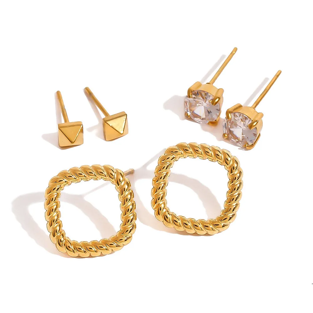 stack earring set pyramid stud square cubic zirconia earrings hollow square stud