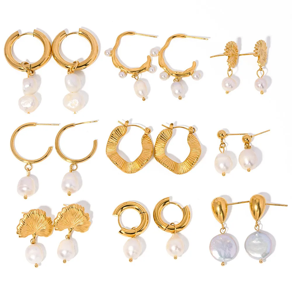 Trendy C-Shape Stainless Steel Freshwater Pearl Earrings – Fashionable Statement