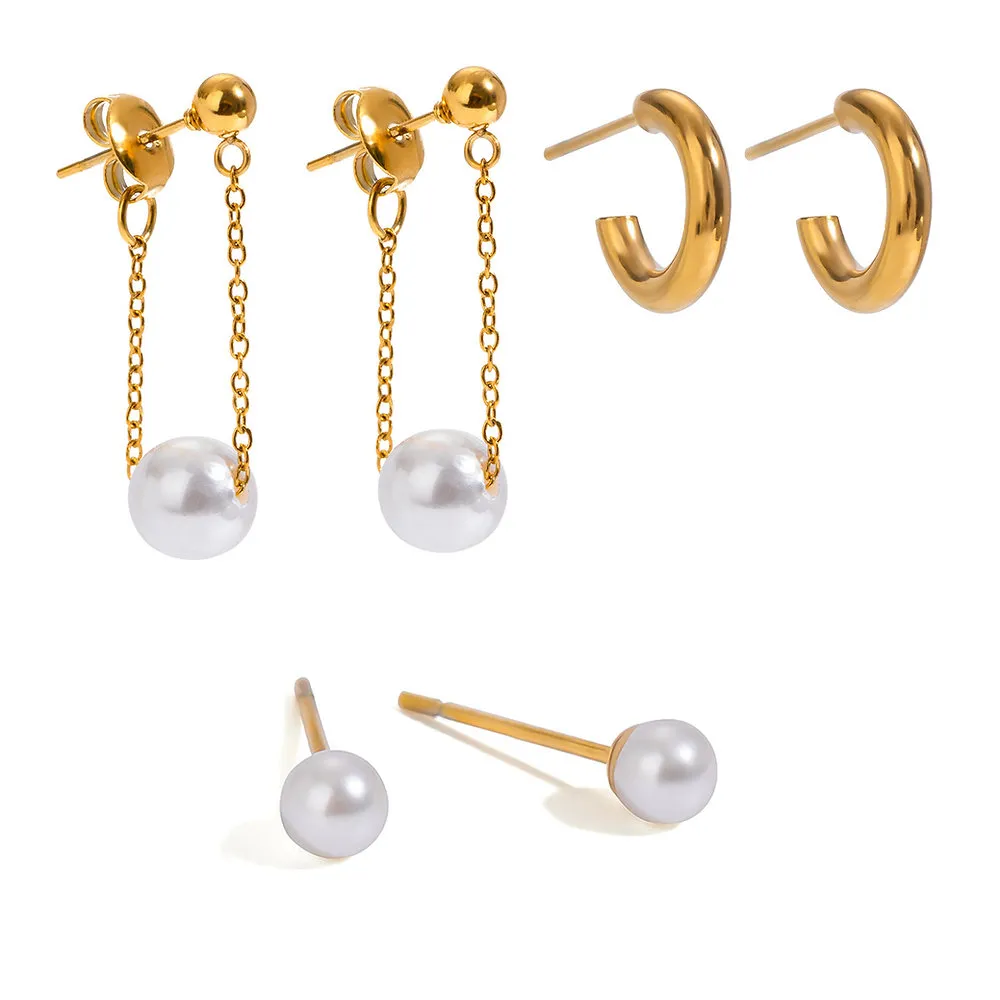 Pearl stack earrings chain pearl stud earrings ball pearl stud c shape stud