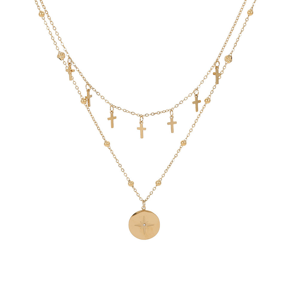 Vintage Double-Layer Cross & Star Pendant Necklace – Stainless Steel | Adjustabl