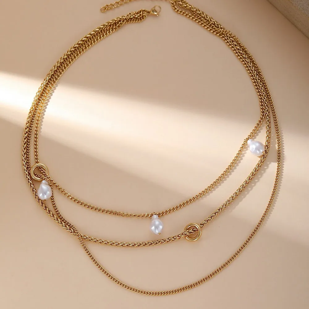 Layered Imitation Pearl Necklace – 18K Gold Vacuum-Plated Stainless Steel