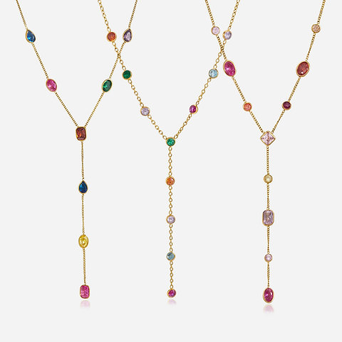 316L Stainless Steel Rainbow Zircon Lariat Necklace | 18K PVD Gold OEM