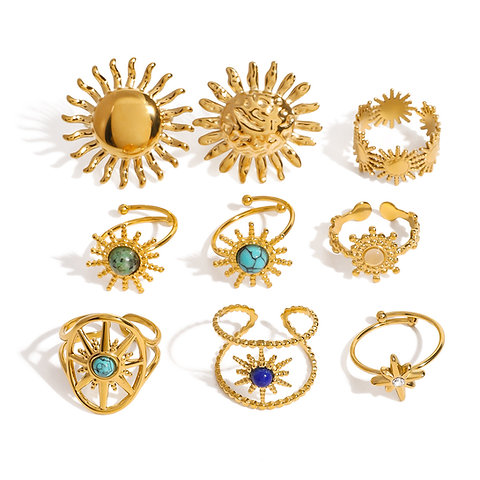 European stainless steel natural stone open rings, high-end golden ring