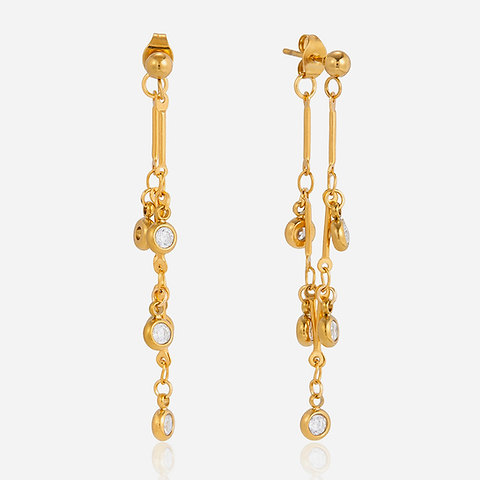 316L Stainless Steel Zircon Tassel Earrings | 18K PVD Gold OEM Jewelry
