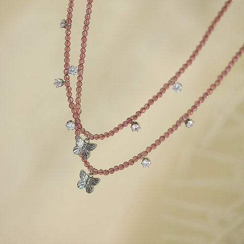 Rose purple bead butterfly necklace