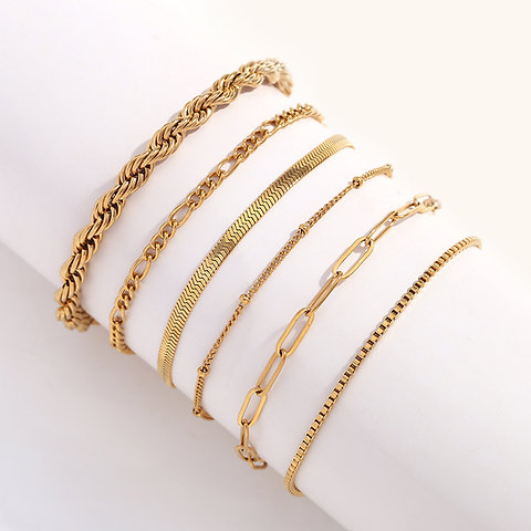 Chic 18K Gold Plated Stainless Steel Bead Box & Paperclip Figaro Chain Bracelet