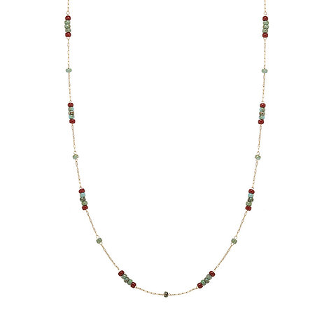 Vintage-Style Turquoise Pattern & Red Glass Bead Necklace – Stainless Steel