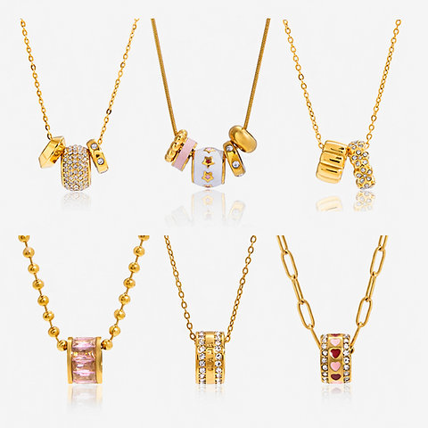 18K Gold Stainless Steel Pink Zircon Rolling Ring Necklace – Sweet Style necklac