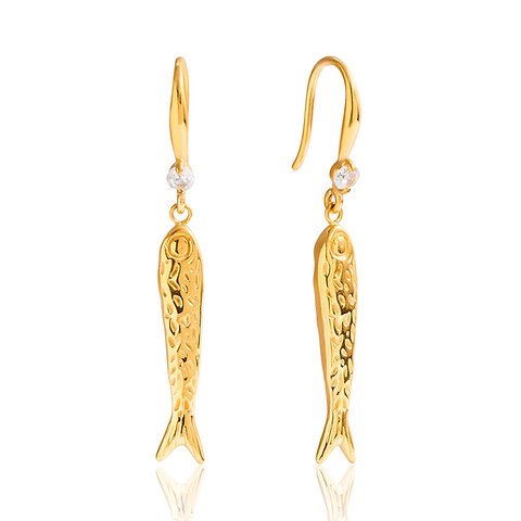 316L Stainless Steel Fish Earrings | Cubic Zirconia PVD Gold