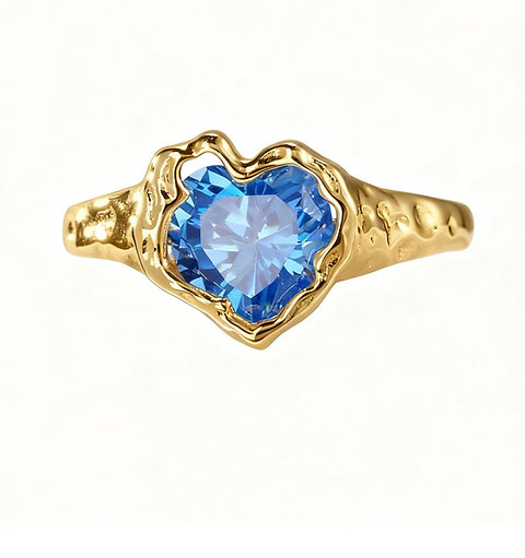 Unique Blue Zircon Heart Ring, Playful Textured Adjustable Statement Piece