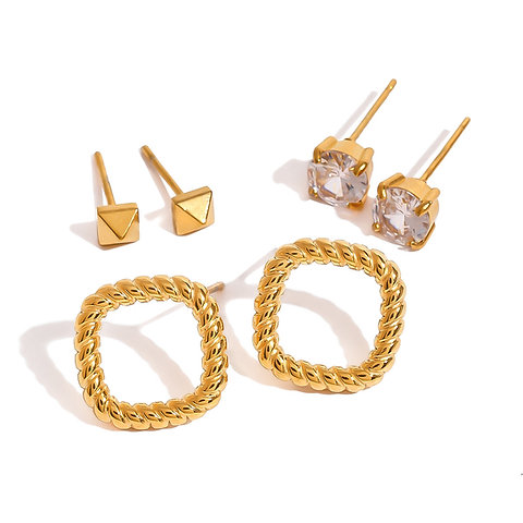 stack earring set pyramid stud square cubic zirconia earrings hollow square stud