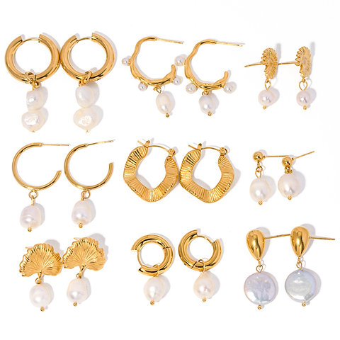 Trendy C-Shape Stainless Steel Freshwater Pearl Earrings – Fashionable Statement