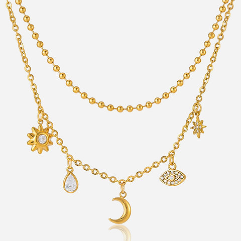 Moon Devil Eye White Zircon Stainless Steel Necklace