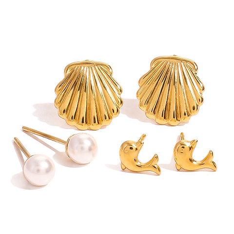 mini sea shell dolphin stud pearl stud earrings set one set of 3 pairs