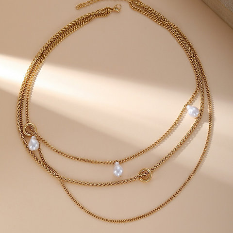 Layered Imitation Pearl Necklace – 18K Gold Vacuum-Plated Stainless Steel
