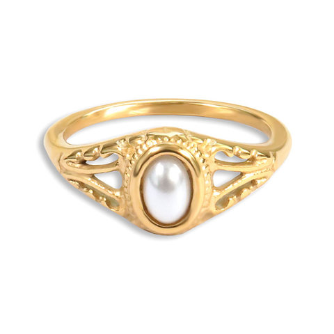 Floral Design Freshwater Pearl Ring | 18K Gold Plated Stainless Steel Jewelry